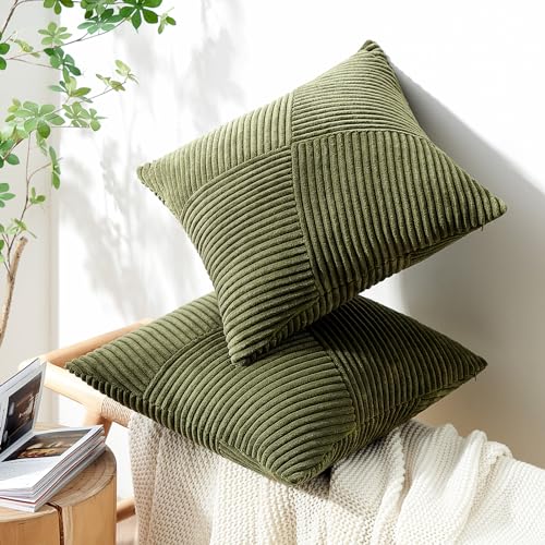 Topfinel 12x12 Inch Olive Green Decorative Throw Pillow Covers Set of 2,Soft Corduroy Small Couch Pillow Covers Windmill Textured Striped Patchwork Cushion Cover Cute Aesthetic Home Decor - color: Olivegreen, size: 12" x 12" (Pack of 2)