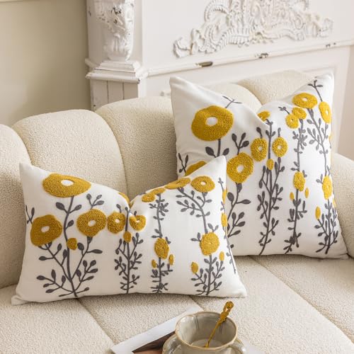 vctops Boho Floral Tufted Decorative Throw Pillow Cover Botanical Embroidered Cotton Cushion Cover for Couch Sofa Bed (Flower C,18"x18") - color: Flower C, size: 18" x 18" (Pack of 1)