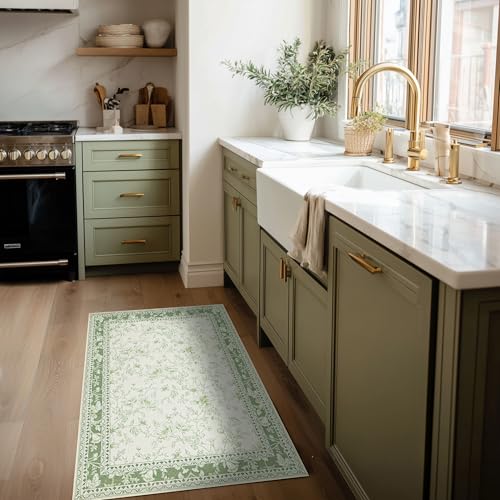 Small Green Rugs 2x3 Sage Green Kitchen for Entryway, Soft Washable Floral Sketch Printed Non-Slip Kitchen Mat, Low-Pile Indoor Bathroom Farmhouse Carpet for Entrance Cottage Boho Farmhouse - color: Sketch Floral Sage Green, size: 2' x 3' (Rectangular)