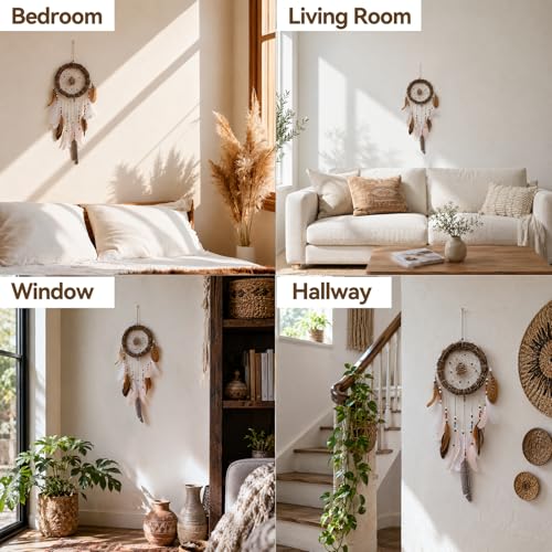Rattan Dream Catchers with Peacock Feather, Boho Wall Decor Rustic Wooden Native American Wall Art for Bedroom Living Room (Pink Brown Mix) - color: Pink Brown Mix