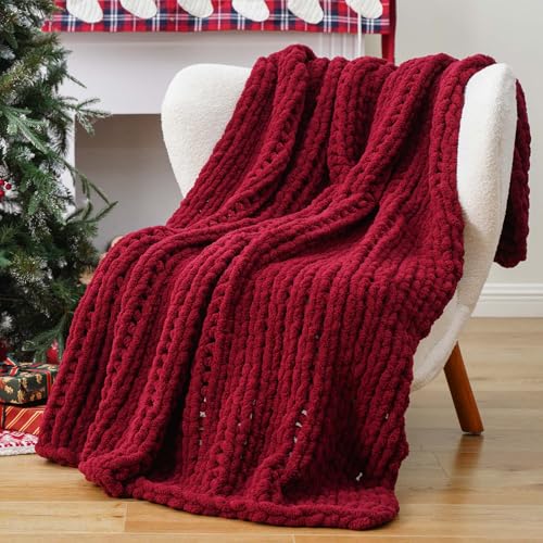 Battilo Dark Red Chunky Knit Throw Blanket, Christmas Red Throw Blanket for Couch, Super Soft Cozy Warm Blankets, Burgundy Chenille Throw Blanket for Living Room, Christmas Decorations, 50"x60" - color: Red