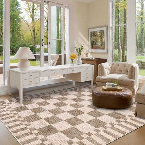 GarveeHome Brown Checkered Rug 6×9 Area Rugs for Living Room,Non-Slip Geometric Tan Brown Print Washable Rug Soft Low-Pile,Neutral Modern Checkerboard Farmhouse Rugs for Bedroom Dining Room - color: Brown, size: 6' x 9' (Rectangular)