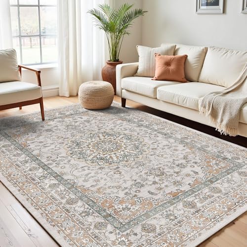 Beige & Orange Farmhouse Nursery Rugs 5x7, Neutral Stain Resistant & Non Slip Washable Cottage Area Rug for Living Room, Bedroom, Large Entryway, Dining Room Under Table - Faux Wool Distressed Print - color: Beige/Orange/Grey, size: 5' x 7' (Rectangular)