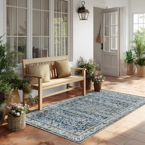 3x5 Front Door Rug Indoor Entrance Blue Bathroom Rugs Non Slip Washable Soft Vintage Boho Distressed Low Pile Carpet with Rubber Backing Dark Blue Rugs for Kitchen Floor Laundry Room 3 x 5 - color: Blue, size: 3' x 5' (Rectangular)