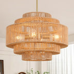 20" Boho Rattan Chandelier Light Fixture,5-Light Hand Woven Wicker Pendant Light Fixture Farmhouse Rustic Hanging Ceiling Light for Kitchen Island Bedroom, Dining Room, Living Room, Entryway - style: Boho-Round-20in