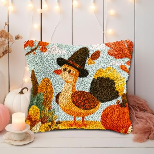 Latch Hook Pillow Kits for Adults Thanksgiving Day Turkey and Pumpkin DIY Pillow Cover Printed Pillowcase Crochet Hooking Yarns Handmade Cushion for Home Sofa Decoration 17x17inch(1) - color: 04-Turkey