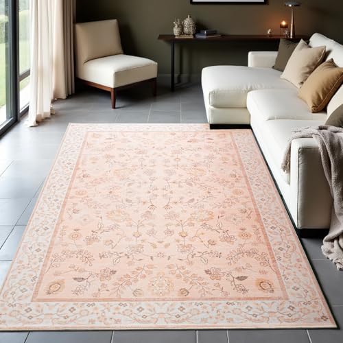 Boho Area Rugs 5x7 Floral Rugs for Living Room Washable Non Slip Low Pile Soft Carpet for Living Room Bedroom Dinning Room CRYPTOLITE - color: Spring Flower - Cinnamon, size: 5' x 7' (Rectangular)
