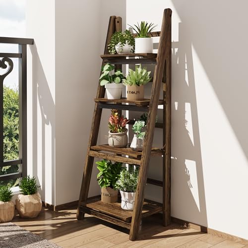 Ladder Shelves - Folding Wooden Ladder Bookshelf, 4-Tier Retro Plant Stand Storage Shelves for Home Living Room, Brown - color: Dark Brown