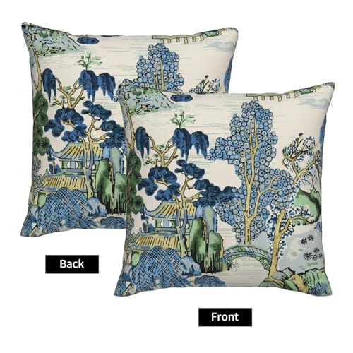 Chinoiserie Pillow Covers 20 x 20 Set of 2 Asian Scenic Linen Throw Pillow Cover Vintage Blue and Green Farmhouse Decorative Pillowcases for Living Room Couch Bed Sofa Outdoor - color: Chinoiserie, size: 20" x 20" (Pack of 2)