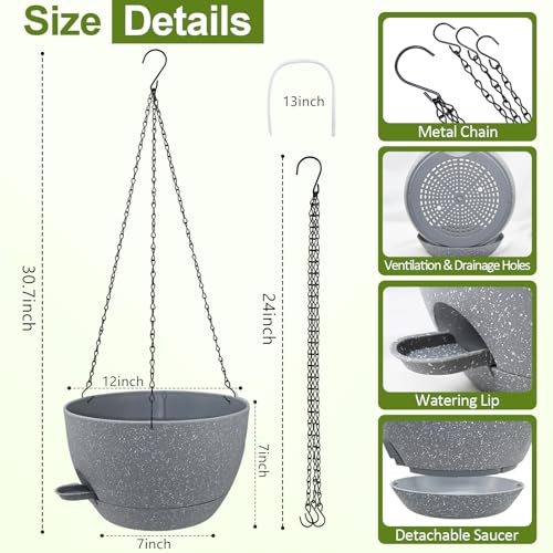 WOUSIWER Self Watering Hanging Planters, 2 Pack 12'' Plastic Pots with Drainage Holes & Reservoir Tray (Speckled Grey) | Indoor & Outdoor Use for Ferns, Ivy, Herbs, Succulents - color: Grey Speckled, size: 2 Pack 12 inches