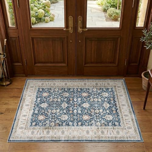jinchan 3x5 Washable Vintage Area Rug, Distressed Traditional Floral Entryway Accent Rug, Soft Low-Pile Non-Slip Floor Mat for Indoor Foyer, Kitchen Sink Bedroom Bathroom Vanity, Blue - color: Oriental Beige on Dark Blue, size: 3' x 5' (Rectangular)