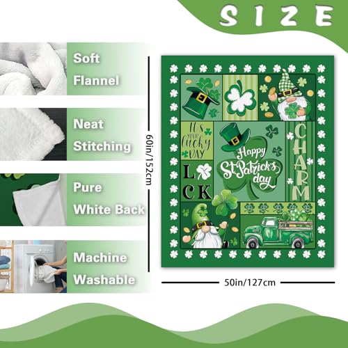 Happy St Patricks Day Flannel Throw Blanket, Lucky Charm Shamrock Clover Gnome Truck Top Hat Birthday Gifts for Kids Men Women, Irish Spring Gold Coins Soft Blankets for Bedding Sofa 50" x 60" - color: Happy St Patricks