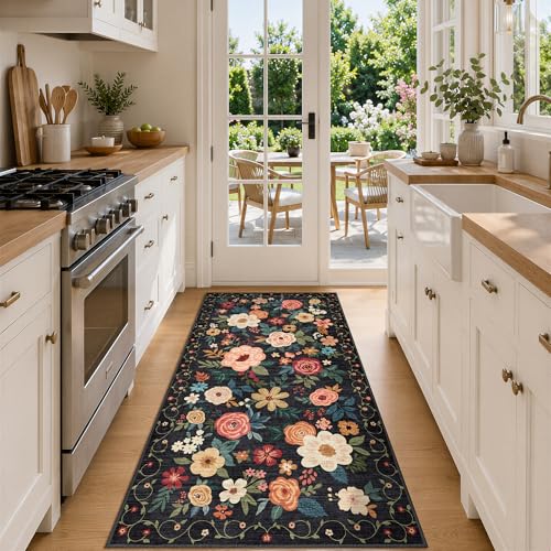 DUKINO 3x6 Runner Rug, Washable Soft Floral Hallway Runner Rug with Non Slip, Low Pile Thin Floor Carpet for Kitchen, Bathroom, Entryway, Laundry, Entryway, Black - color: Black, size: 3' x 6' (Rectangular)