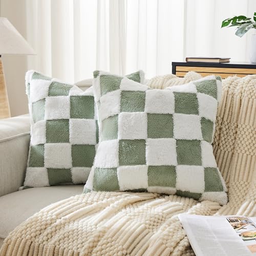 Ohocut Checkered Jacquard Shag Throw Pillow Covers, Pack of 2 Fluffy Sage Green Cute Decorative Aesthetic Soft Checerked Throw Pillow Cases for Couch Sofa Bedroom,18x18 Inch - color: Green, size: 18" x 18" (Pack of 2)