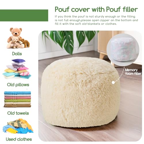 HIGOGOGO Round Stuffed Pouf Ottoman, Long Faux Fur Poufs with Foam Chunk Filling, Fluffy and Furry Pouf Foot Stool Storage Ottoman, 20 X 15 Floor Poufs Foot Rest for Living Room, Beige - color: Beige, size: 20"D x 20"W x 18"H