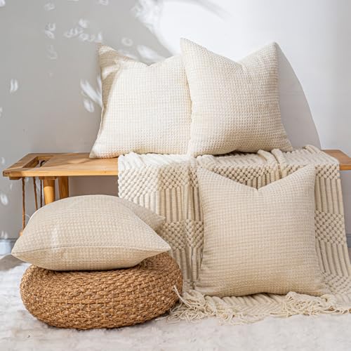 Pack of 4 Throw Pillow Covers 20x20 inch Beige Boho Cushion Covers Decorative Farmhouse Pillow Covers for Couch Bed Sofa Living Room Home Decor Soft Square Pillowcase - color: Beige, size: 20" x 20" (Pack of 4)