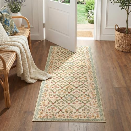 jinchan Haden Runner Rug 2x5 Vintage Floral Washable Hallway Rug for Entrance Kitchen Soft Non-Slip Low Pile Bedside Laundry Room Cottage Calm Indoor Decor Teal Blue - color: Teal Blue, size: 2' x 5' (Runner)