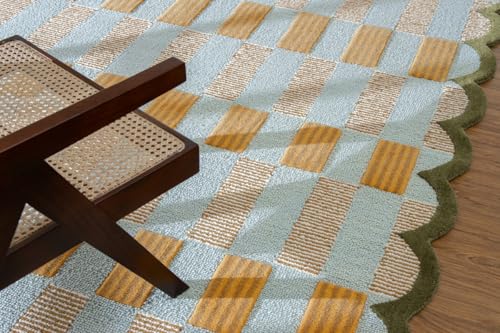 Hand-Tufted Wool Rug with Scalloped Edges, Light Blue Plaid Pattern, Cozy Soft Area Rug for Living Room, Bedroom, and Nursery, Handmade Modern Accent Rug, 7x7 Ft (Round) - color: Light Blue, Beige, Green, size: 7x7 Ft (Round)