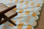 Checkered Hand-Tufted 100% Wool Area Rug - 1x1 Ft (Sample), Square Light Blue Base with Mustard and Beige Blocks, Olive Green Scalloped Edge, Cotton Backing Plush Carpet for Bedroom & Nursery - color: Light Blue, Beige, Green, size: 1x1 Ft (Sample)