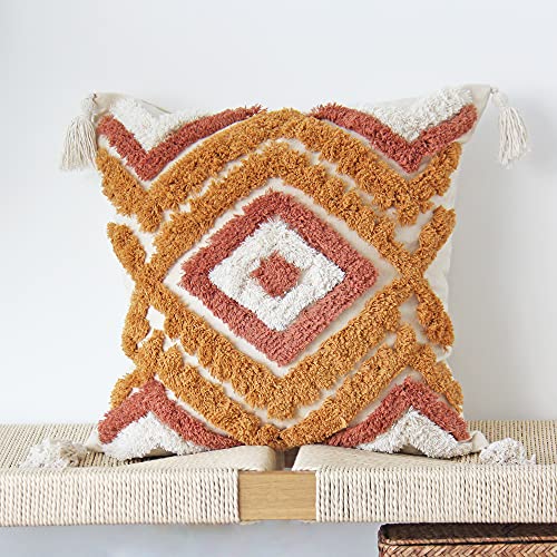 JOJUSIS Boho Throw Pillow Covers with Handmade Tassels Decorative Woven Tufted Burnt Orange Pillowcase for Couch Bedroom 18 x 18 Inch - color: Orange, size: 18" x 18" (Pack of 1)