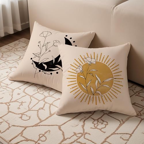Boho Floral Plant Pillow Covers 18x18 Set of 2, Abstract Boho Throw Pillow Covers, Sun and Moon Decorative Pillow Covers for Couches and Sofas, Line Plant Pillow Cases, Sunshine Room Decor - color: Sunandmoon-04