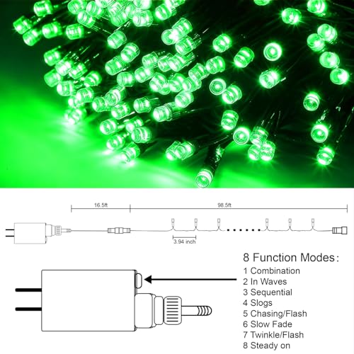 300 LED St Patricks Day Lights, 98.5FT Christmas String Lights with 8 Lighting Modes, Waterproof & Connectable Mini Lights, Plug in for Indoor Outdoor Holiday Xmas Party Bedroom Decorations (Green) - color: Green