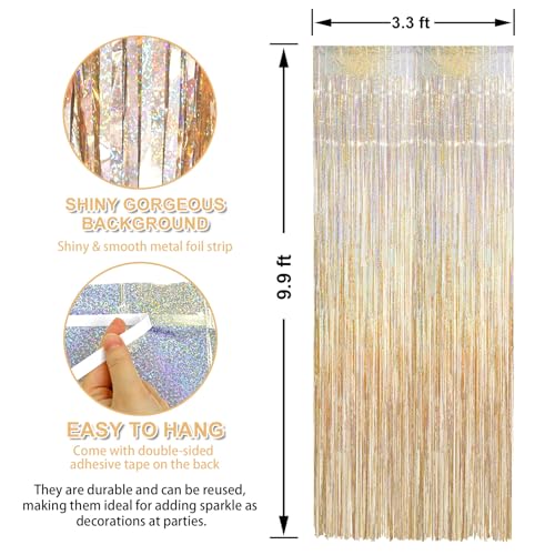 Crosize 2 Pack 3.3 x 9.9 ft Laser Champagne Gold Foil Fringe Curtains Party Decorations,Tinsel Curtain Backdrop for Parties, Door Streamers, Glitter Streamer Backdrop for Birthday Decoration - color: Laser Champagne Gold, size: 2 Pack