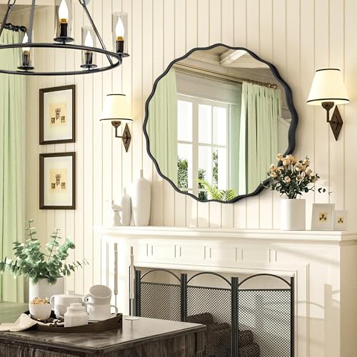 Gold Round Mirror for Wall, 24"x24" Decorative Wavy Bathroom Mirror with Brushed Alloy Steel Frame & Shatter-Proof Glass, Hanging Circle Wall Mirrors for Bathroom, Entryway (Black, Small) - color: Black, size: Small