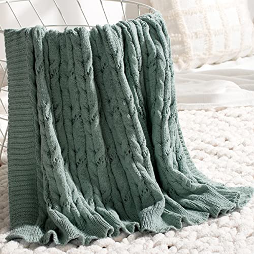 Carriediosa Cable Knit Throw Blanket Soft Textured Lightweight Farmhouse Decorative Throws Summer Knitted Woven Chenille Blankets for Couch Chair Bed Sofa, 50" X 60" Sage Green - color: Cable Knit - Sage Green, size: 50" X 60"