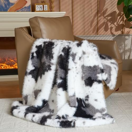 Luxury Fluffy Faux Fur Throw Blanket,Thick Fluffy Silky Fuzzy Cozy Blanket,Plush Blankets for Couch, Sofa, Chair, Bed-Black&Grey Cow-50 * 60inch - color: Black&grey Cow, size: Throw (50" x 60")