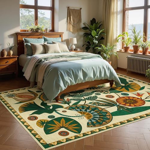 Joydeco Egypt Floral Boho 5x7 Area Rugs for Living Room, Washable Beige Area Rug for Bedroom Playroom Non Slip, Vintage Soft Indoor Carpet for Kitchen Dining Room Entryway Office - color: Beige, size: 5' x 7' (Rectangular)