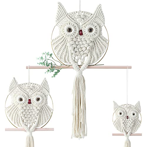 MVSUTA Owl Ivory Cotton Handmade Macrame Wall Hanging Tapestry Home Decor Art Cream Craft Wonderful Decoration Woven Beige Boho Ornament for Office Bedroom Apartment Living Nursery Gallery,3pcs - color: Ivory, size: 3pcs set:1pc L & 1pc M & 1pc S