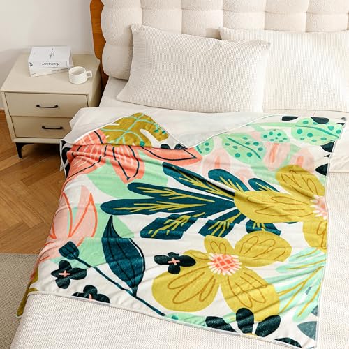 Tyrot Boho Floral Flannel Fleece Twin Blanket – Soft, Warm & Lightweight Fuzzy Blanket for Couch, Bed, or Sofa Decor, Cute Botanical Design Throw for Women & Girls, 60''x80'', Pink Green - color: Rose Garden, size: Twin(60''x80'')
