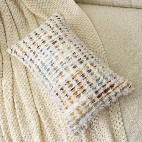 Aeckself Boho Chenille Tufted Pillow Cover 12 x 20 Inch, Rectangle Decorative Lumbar Throw Pillow Cover Neutral Pillowcase for Couch Bedroom Living Room, Orange White - color: Orange White, size: 20" x 12" (Pack of 1)