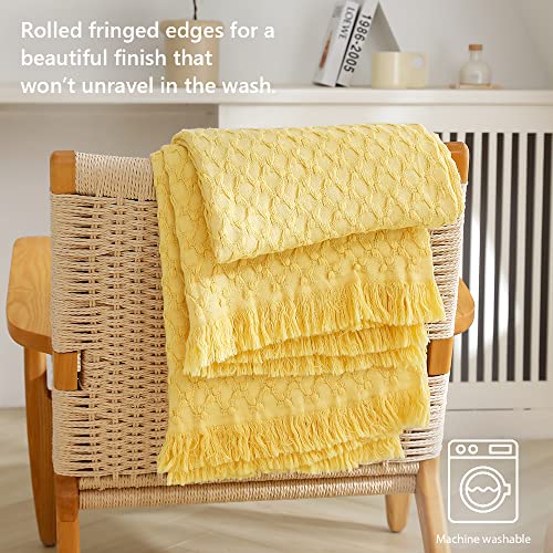 Simple&Opulence 100% Cotton Throw Blanket for Couch, Bed, Waffle Weave Knit Blanket with Tassels, Soft Lightweight Pre-Washed Breathable Comfy Blanket Farmhouse Decor for All-Season(Light Yellow) - color: B-light Yellow