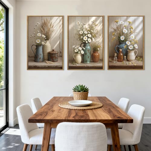 ANHUIB Vintage Wildflower Botanical Canvas Wall Art Framed Rustic Farmhouse Floral Pictures Wall Decor Country Daisy Painting 16x24 Inch Flower Set of 3 for Living Room Bedroom Office - color: Farmhouse Floral, size: 24"L x 16"W