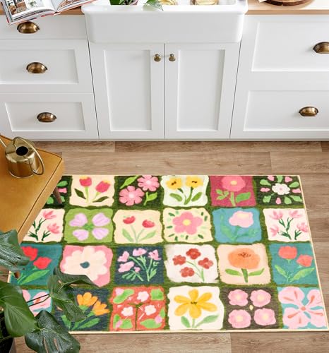 Vintage Floral Bathroom Rugs Non Slip, Thin Spring Country Colorful Flowers Botanical Indoor Doormat Washable, Cute Boho Aesthetic 2x3 Small Area Rugs for Kitchen Bedroom Laundry Entryway - color: Multicolored, size: 2‘x3'