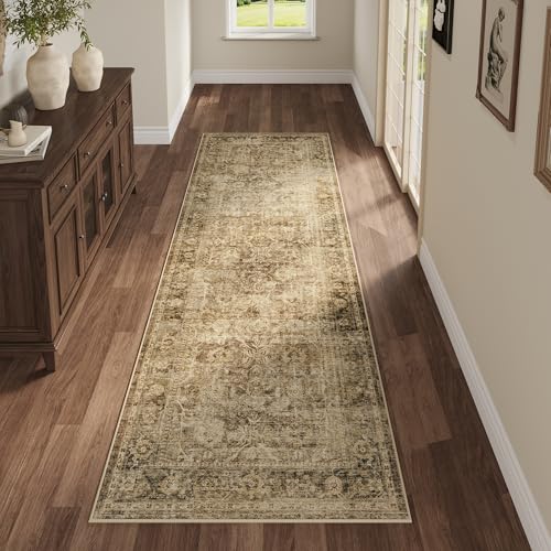Fmfunctex 2x8 Runner Rug Brown Washable Vintage Neutral Distressed Non Slip Low Pile Indoor Carpet Soft Retro Floral Hallway Entryway Rug for Kitchen Living Room Bedroom Bathroom Laundry Entry Bedside - color: Brown, size: 2' x 8' (Rectangular)