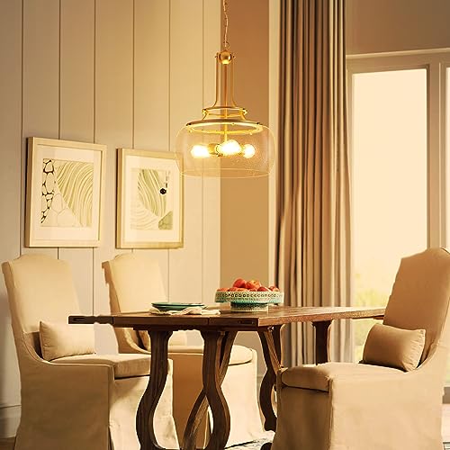 WUZUPS Chandelier Rustic Farmhouse Industrial Round Ceiling Pendant LED Light Fixture Clear Seeded Glass Shade for Dining Room Kitchen Island Foyer Entryway, H 20.9" x W 15.9", Gold - color: Pendant Light, Gold, 3-Light, size: H 20.9" * W 15.9"