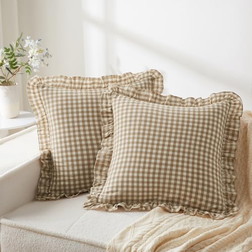 KKJIAF Ruffle Gingham Pillow Covers 20 x 20 Inches, Cotton Gingham Pillow Cases Set of 2, Linen Feel Ruffled Plaid Pillow Shams with Envelope Closure for Sofa Bed (Taupe/White Plaid) - color: Taupe/White Plaid, size: 20" x 20" (Pack of 2)