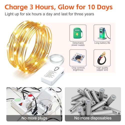 8 Pack Rechargeable LED Fairy Lights 7Ft 20LED Battery Operated with Remote, DIY Timer & 8 Modes, Mini Twinkle String Lights for Indoor Christmas Wedding Mason Jar Bedroom Table (Warm White) - color: Warm White