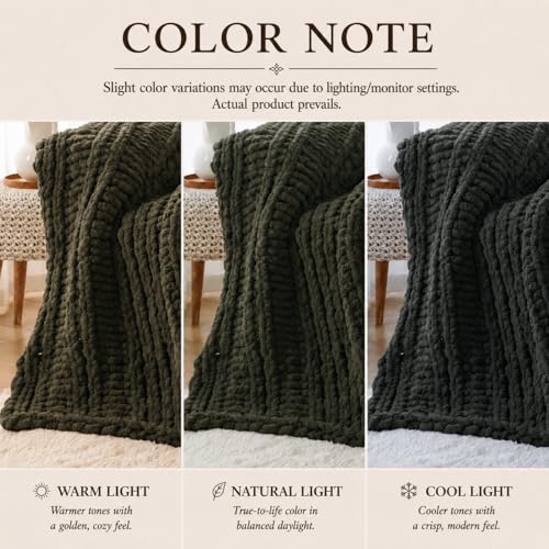 Battilo Chunky Knit Throw Blanket for Couch, Hand Made Chenille Throw Blanket, Super Soft Warm Cozy Olive Green Blanket for Bed, Sofa, Living Room, 50"x60" - color: Olive Green