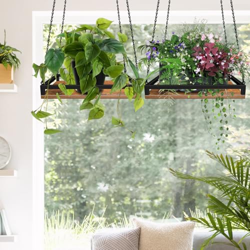 Plant Hanger Indoor, 16" Wooden Hanging Plant Holder with Metal Frame Large Hanging Planter for Indoor Plants Load 50LB Hanging Plant Shelf with 27.6" Long Chain, Ideal for Heavier Pots Window Ceiling - size: Large