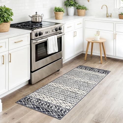 KUTA Moroccan Washable Runner Rugs 2x5, Non-Slip Vintage Black Navy Blue Boho Hallway Kitchen Rugs Ultra Soft Geometric Floor Carpet Runners for Bedroom Laundry Living Room - color: Beige/Black Navy Blue, size: 2' x 5' (Runner)