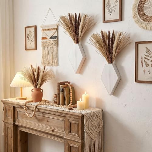 2 Pcs Bohemian Wooden Wall Planter Set with Pampas Grass Modern Farmhouse Wall Decor for Living Room, Bathroom, Bedroom, Office(White Distressed,Regular Style) - color: White Distressed, style: Regular Style
