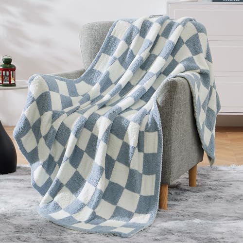 WRENSONGE Checkered Throw Blanket, Grey Blue Soft Cozy Fluffy Warm Hand Made Throw Blankets for Couch, Sofa, Chair, Bed, Camping, Picnic, Travel Lightweight Bed Blanket - 50"*70" - color: Arctic Blue, size: Throw-XL(50"x 70")