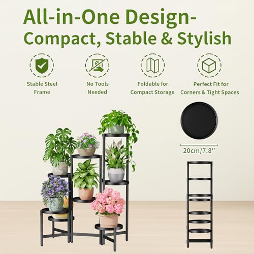 8 Tiered Plant Stand Indoor for Multiple Large Planter, Tall Heavy Duty Adjustable Folding Rack with Rustproof 7.9 Inch Wide Tray, Plant Shelf for Corner Living Room - BlackDisk - color: BlackDisk, size: 8-tiers