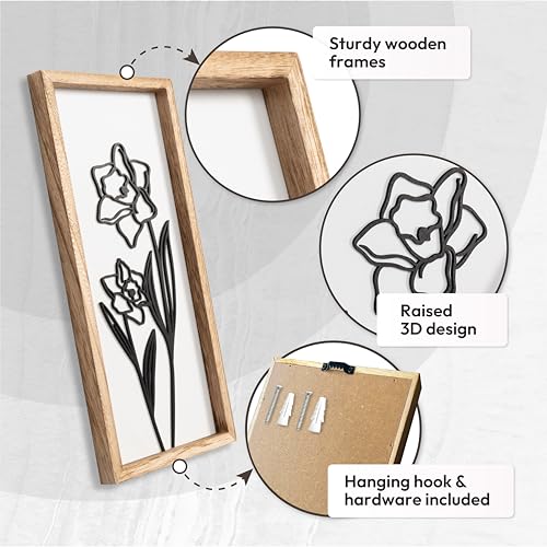 3D Black and White Wall Art (Set of 2) Lightweight, Wooden Ready-to-Hang Framed Floral Wall Art for Bathroom, Bedroom, Living Room or Office – Boho Botanical Farmhouse Decor – Gift-Boxed - color: White, size: 7" x 16"