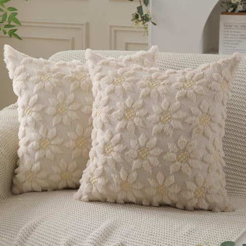 DFXSZ Spring Summer Pillow Covers 16x16 inch Set of 2 Farmhouse Decor Yellow Flower Heart Sunflower Beige Soft Plush Faux Fur Jacquard Throw Pillows for Sofa Holiday Spring Home Decor PTK024E16 - color: Beige, size: 16" x 16" (Pack of 2)