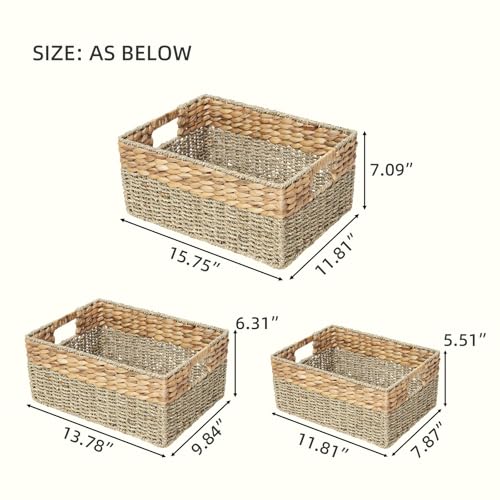 YAHUAN Natural Water Hyacinth & Seagrass Woven Storage Baskets – Wicker Storage Basket Organizer Bins with Handles for Home & Office Pantry Shelf (Set of 3) - color: Set of 3